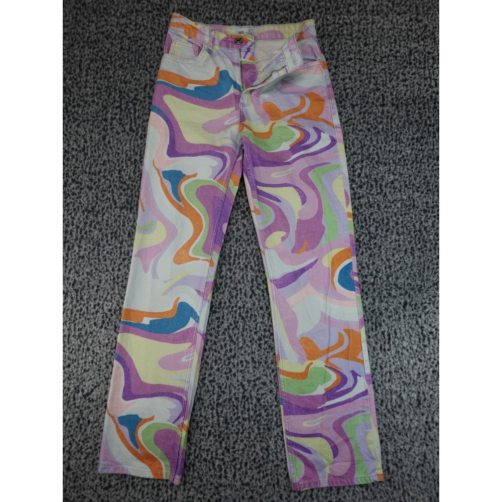 Zara Straight Leg Jeans Womens 26 Multi Color Good Psychedelic Marble Swirl High